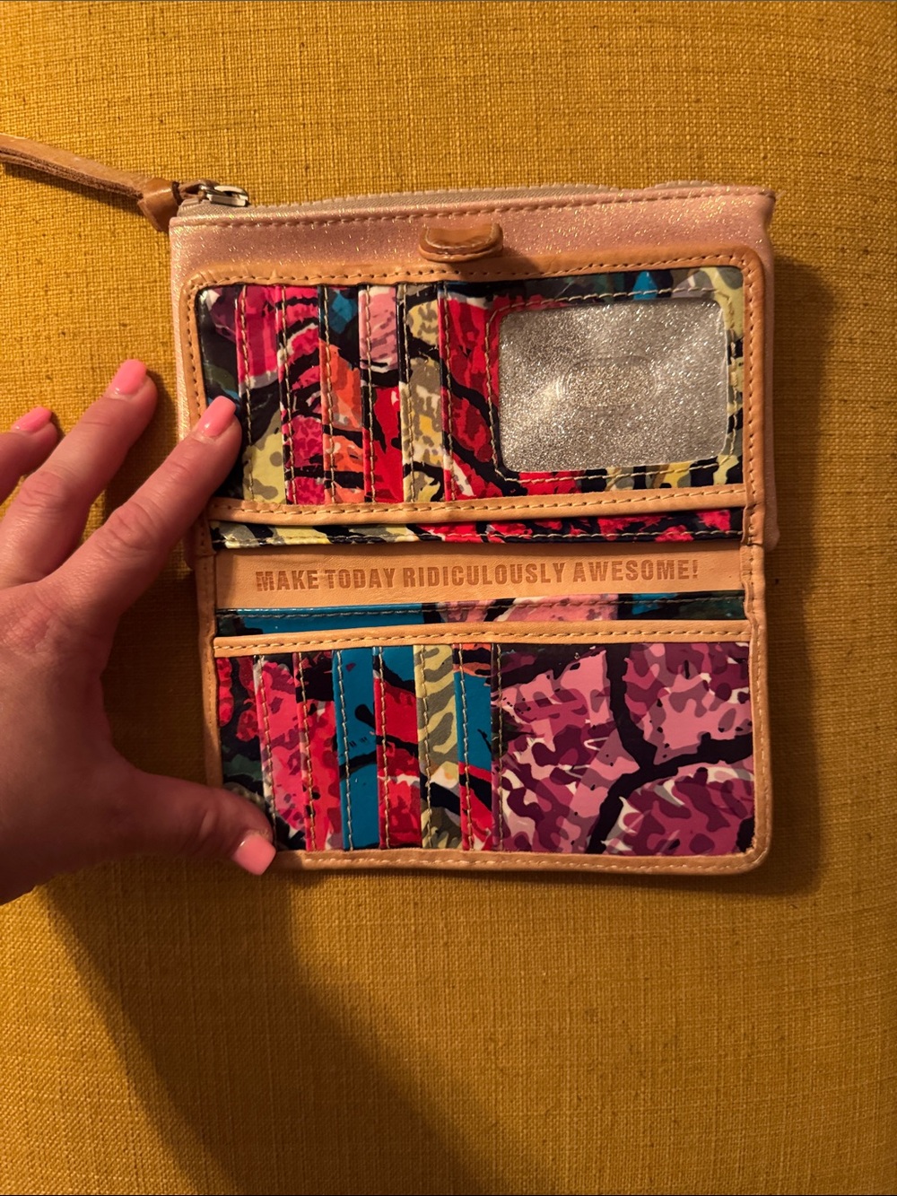 Consuela Diggi Slim Wallet Pink Glitter Wallet with Tan Leather Trim - Picture 2 of 5